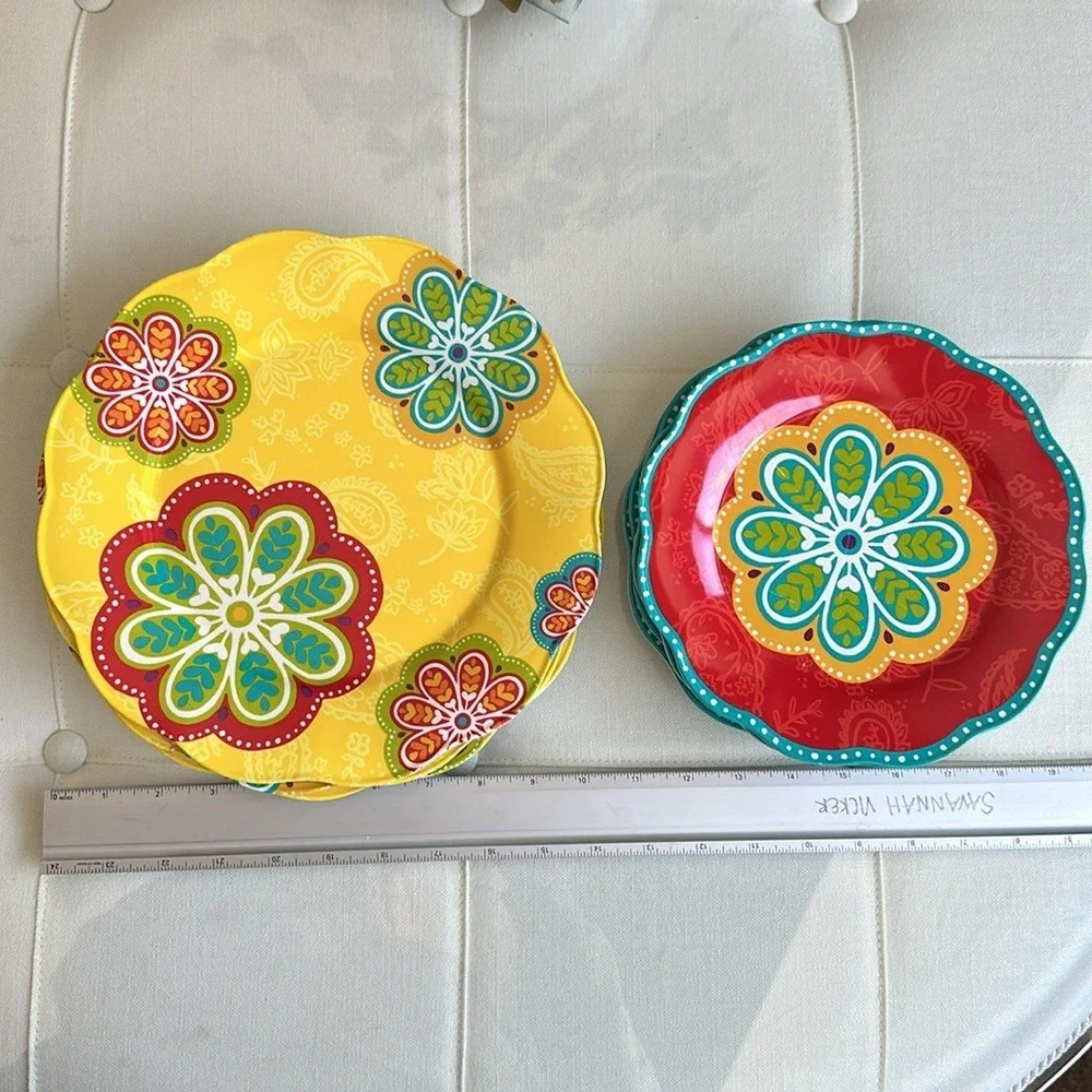 7 pc set Pier One Imports Melamine Dinner Plates Salad Sunny Bright Paisley‎ GUC